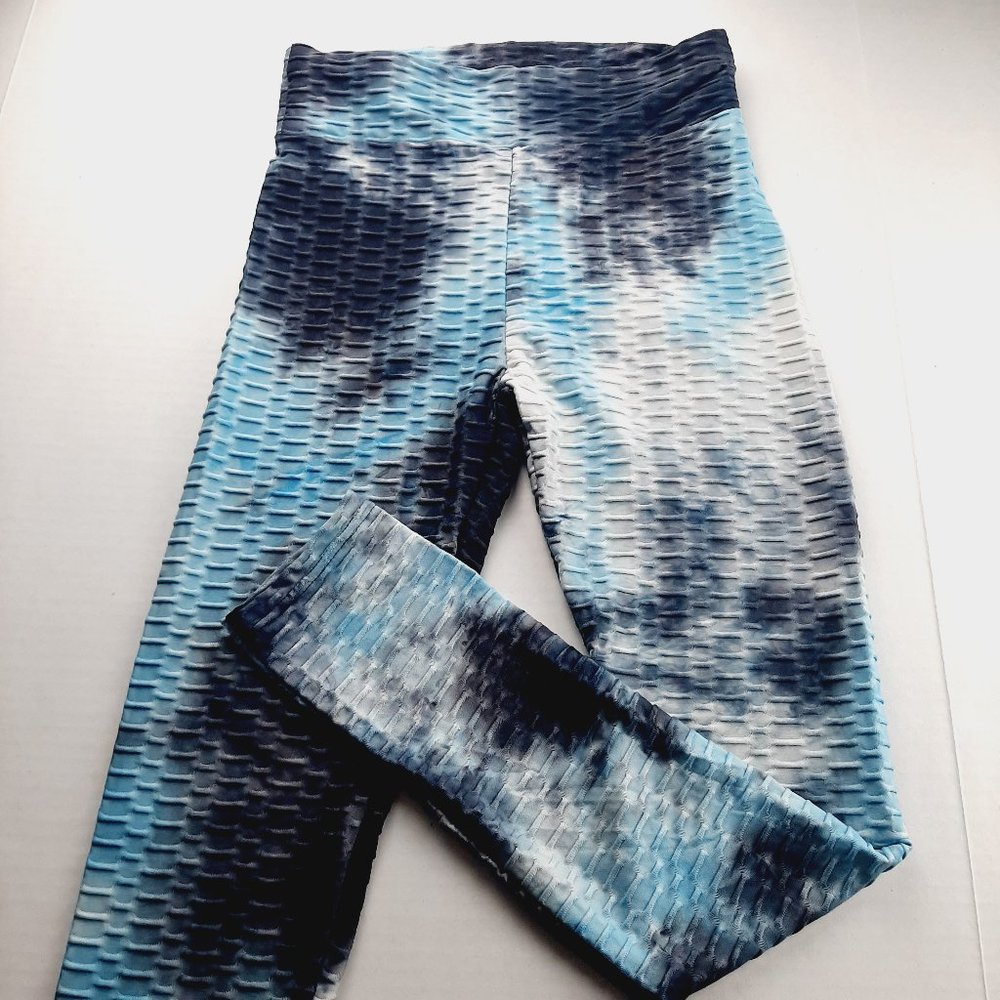 AQ Sport Womens Legging Size Medium Blue White Tie Dye Textured Ruched